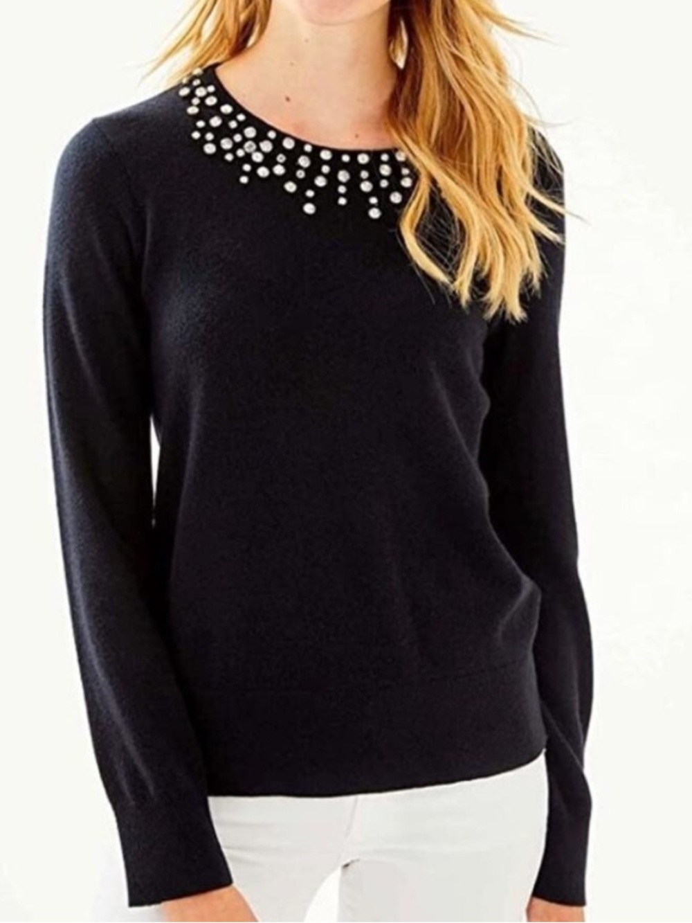 LILLY PULITZER Odetta Jeweled Sweater Black Merino Wool Cashmere Small